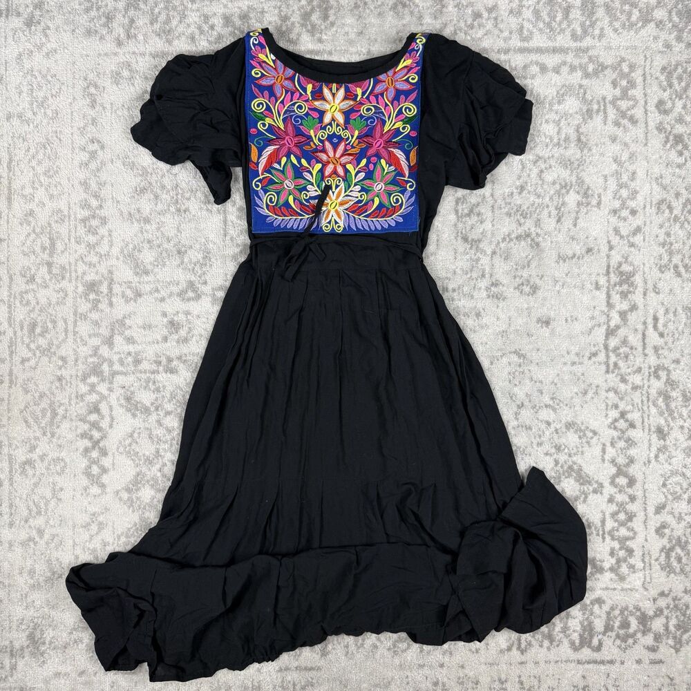 Mexican Embroidered Dress Womens Floral Boho Folk Art Cotton Size Medium